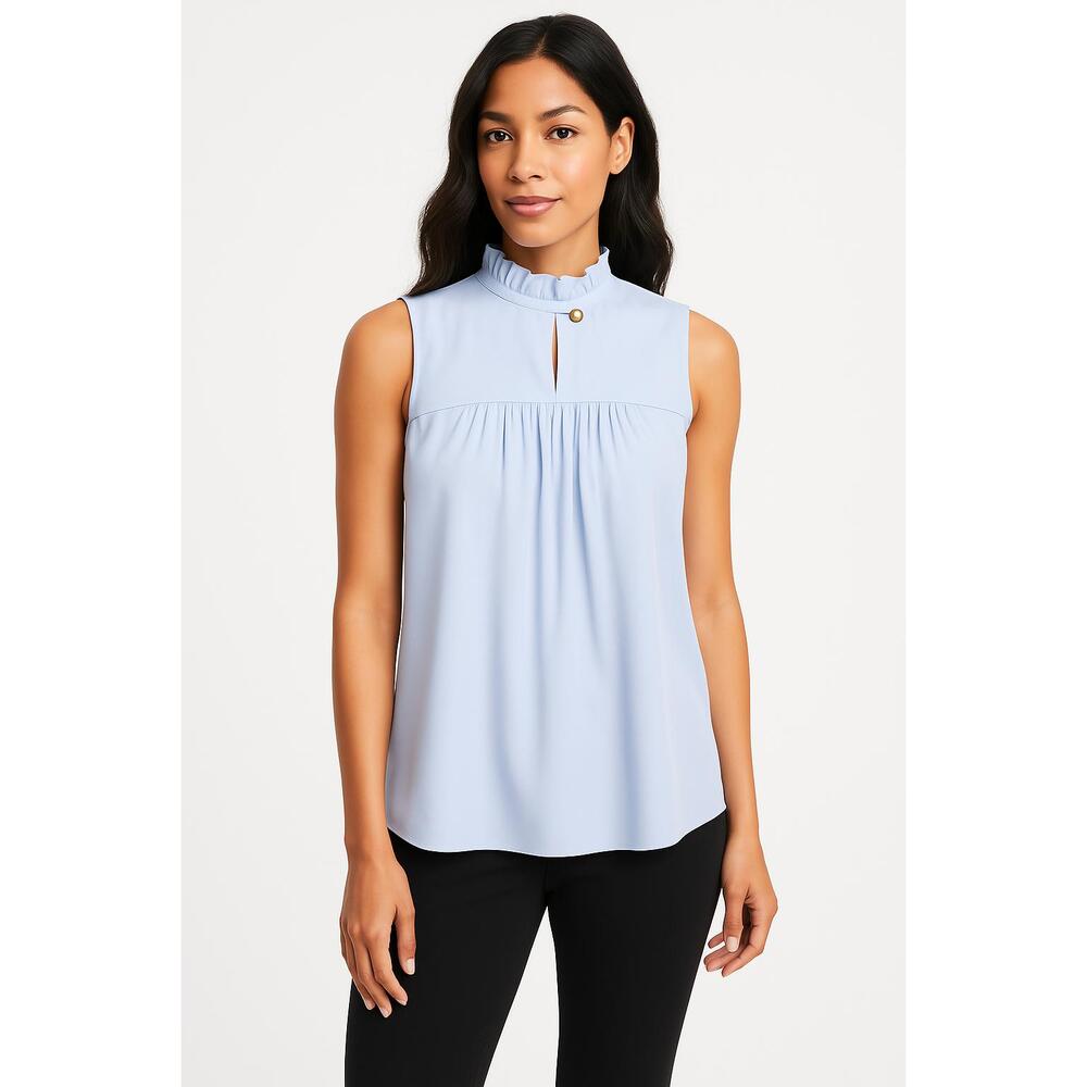 Ann Taylor Women’s Sleeveless Ruffle Neck Keyhole Front Blouse in Blue-Small